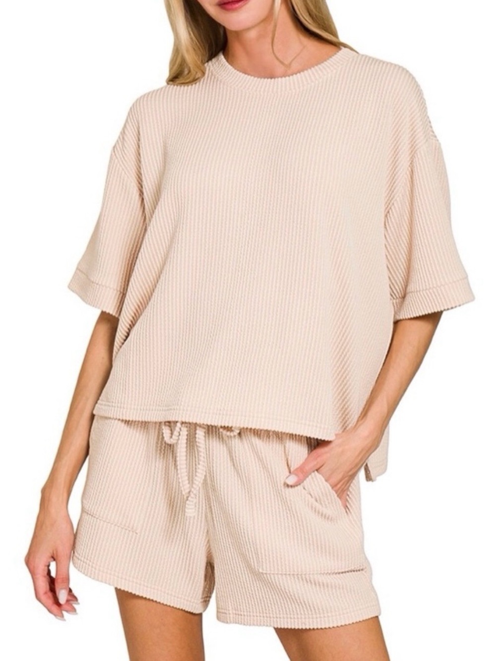 EUC🤍Zenana Raised Rib Short Sleeve Tee/Shorts Set Small Sand Beige